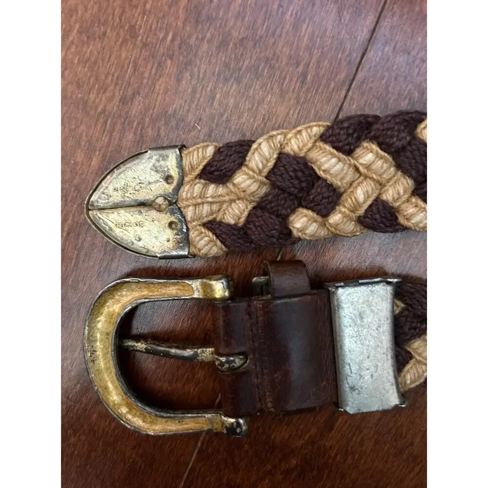 Vintage Braided Fiber and Leather Woven Belt in Brown and Tan with Metal Buckle